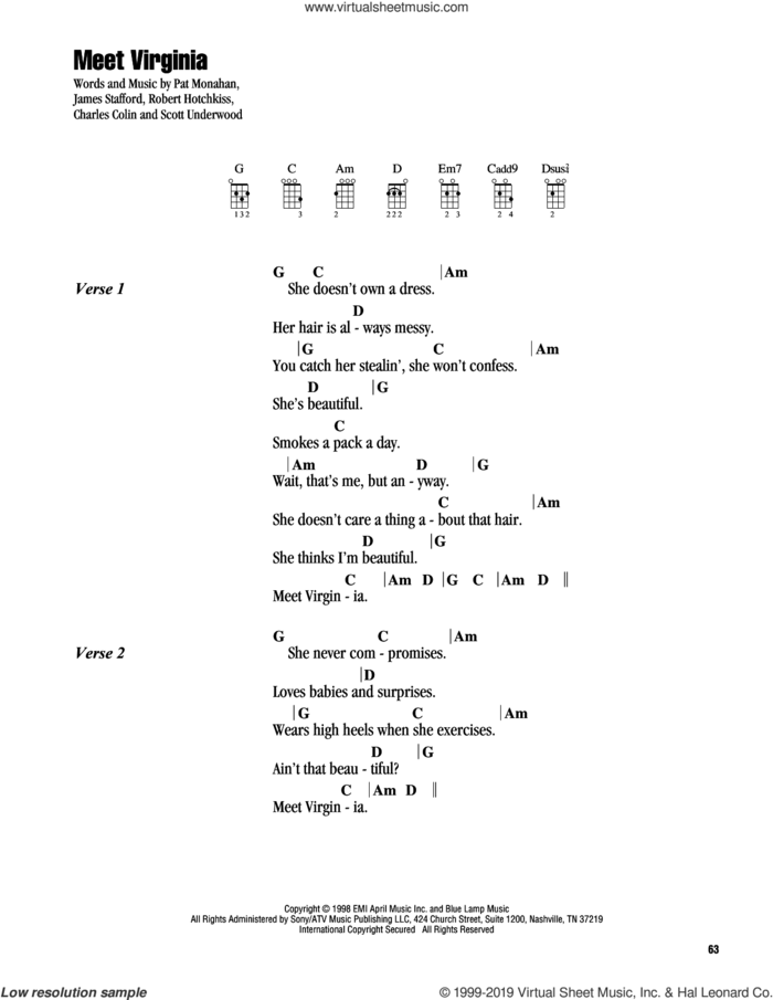 Meet Virginia sheet music for ukulele (chords) by Train, Charles Colin, James Stafford, Pat Monahan, Robert Hotchkiss and Scott Underwood, intermediate skill level