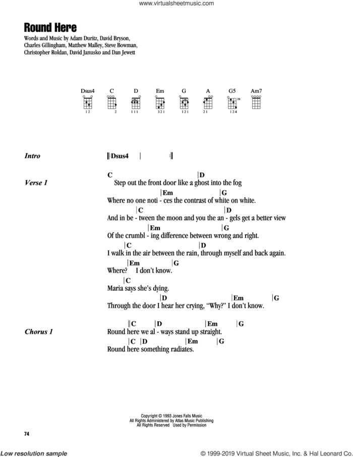 Round Here sheet music for ukulele (chords) by Counting Crows, Adam Duritz, Charles Gillingham, Christopher Roldan, Dan Jewett, David Bryson, David Janusko, Matthew Malley and Steve Bowman, intermediate skill level