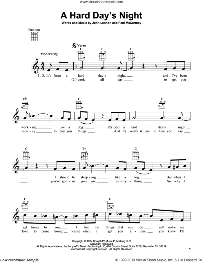 A Hard Day's Night sheet music for ukulele by The Beatles, John Lennon and Paul McCartney, intermediate skill level