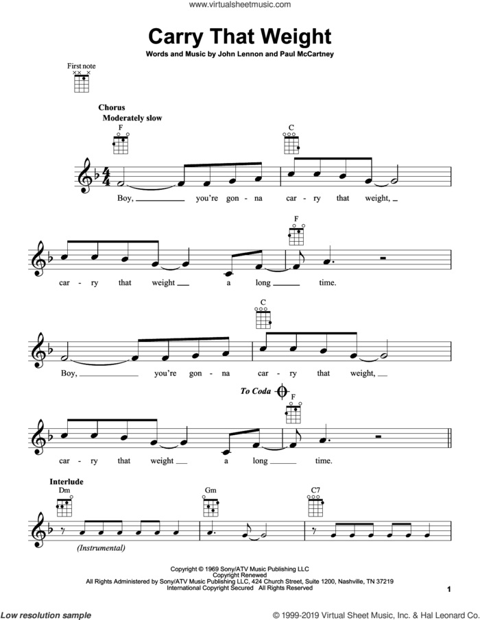 Carry That Weight sheet music for ukulele by The Beatles, John Lennon and Paul McCartney, intermediate skill level