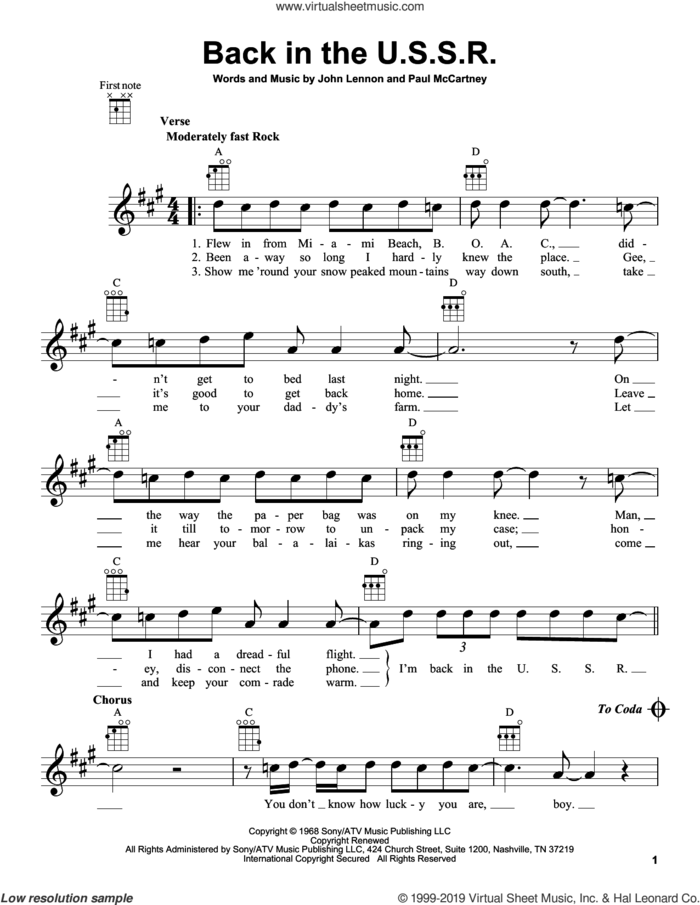 Back In The U.S.S.R. sheet music for ukulele by The Beatles, John Lennon and Paul McCartney, intermediate skill level