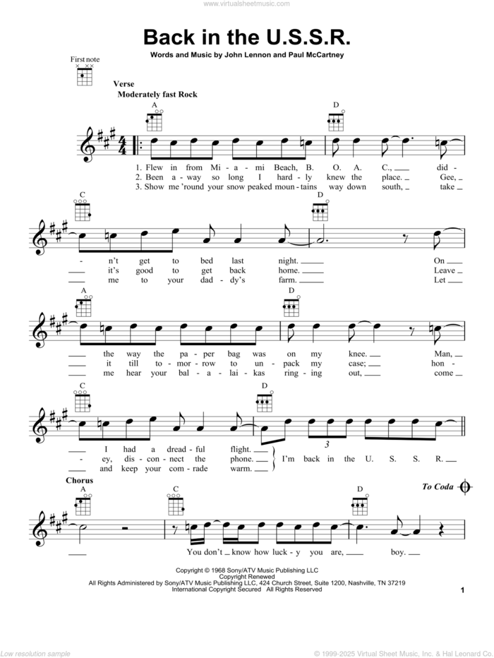 Back In The U.S.S.R. sheet music for ukulele by The Beatles, John Lennon and Paul McCartney, intermediate skill level