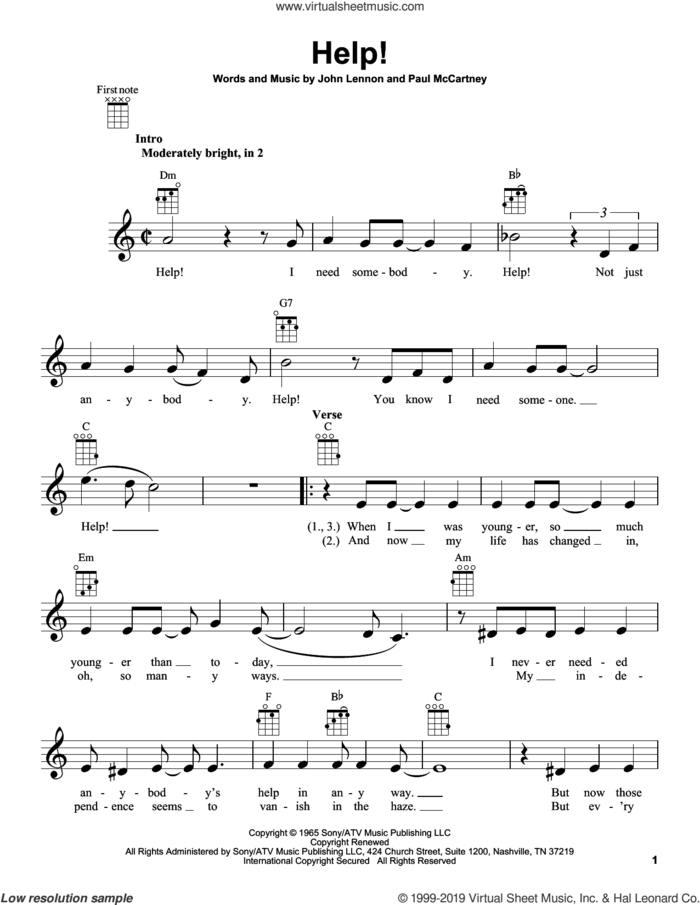 Help! sheet music for ukulele by The Beatles, John Lennon and Paul McCartney, intermediate skill level