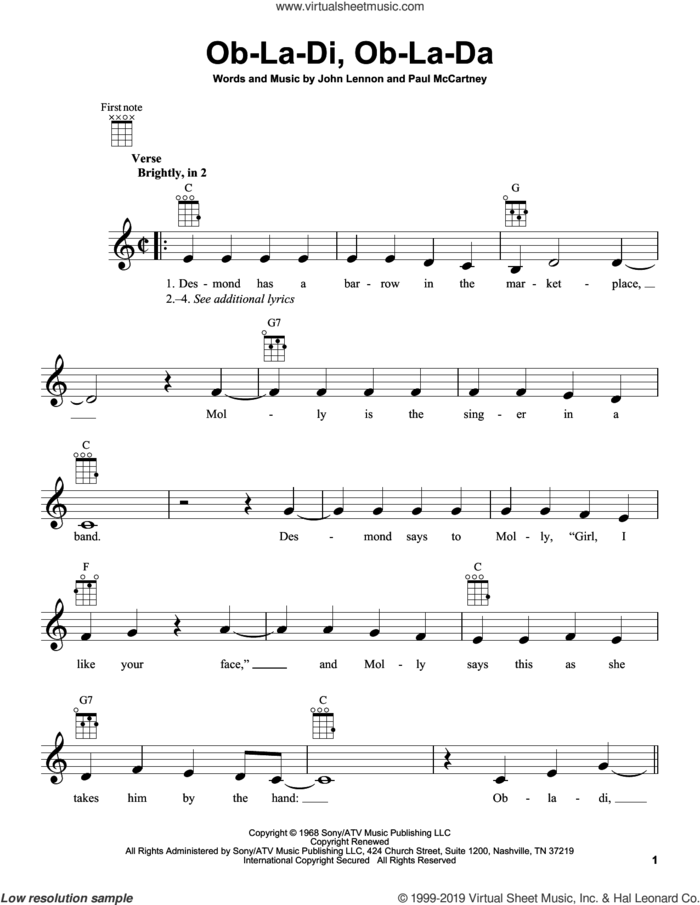 Ob-La-Di, Ob-La-Da sheet music for ukulele by The Beatles, John Lennon and Paul McCartney, intermediate skill level