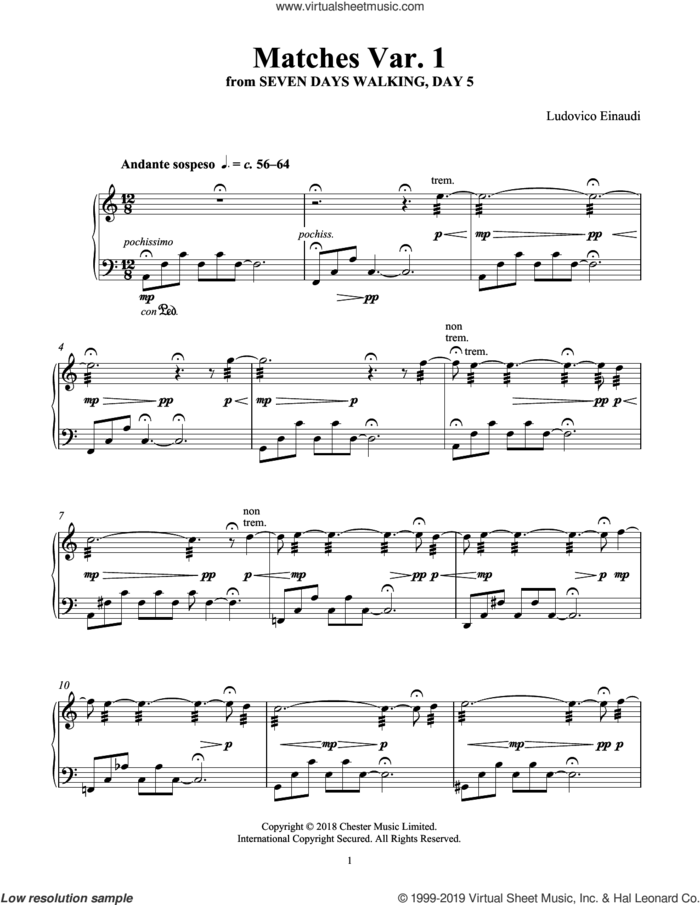 Matches Var. 1 (from Seven Days Walking: Day 5) sheet music for piano solo by Ludovico Einaudi, classical score, intermediate skill level