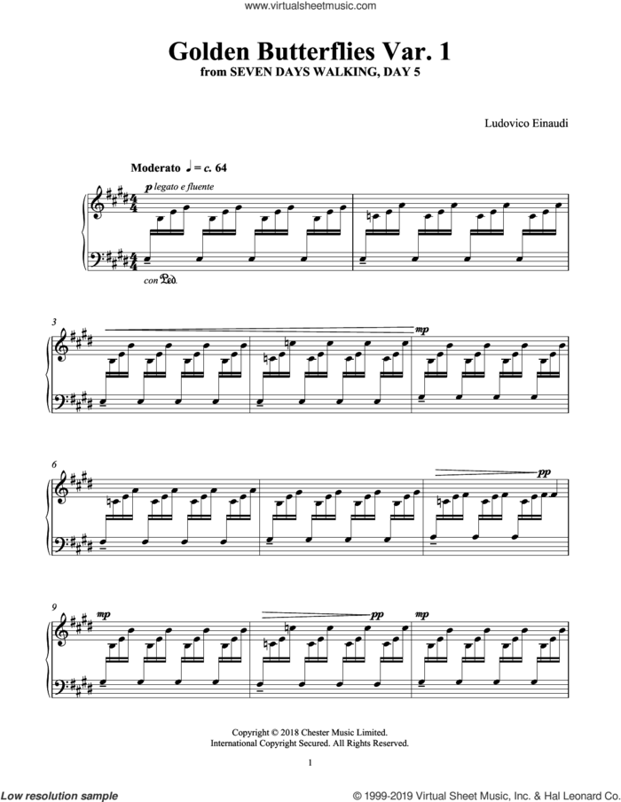 Golden Butterflies Var. 1 (from Seven Days Walking: Day 5) sheet music for piano solo by Ludovico Einaudi, classical score, intermediate skill level