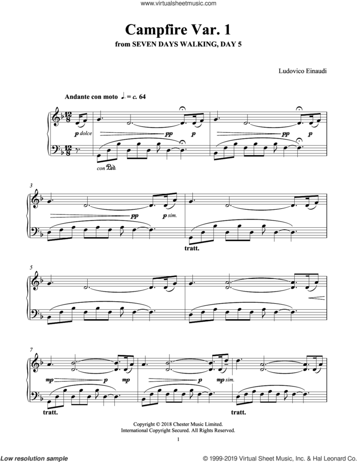 Campfire Var. 1 (from Seven Days Walking: Day 5) sheet music for piano solo by Ludovico Einaudi, classical score, intermediate skill level