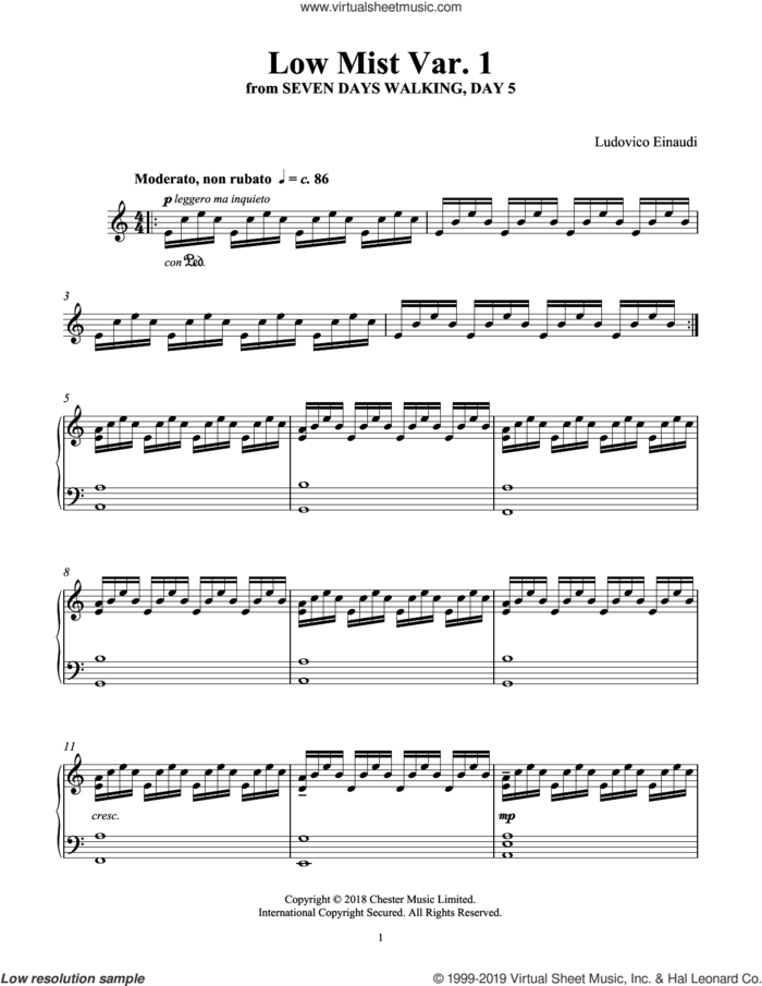 Low Mist Var. 1 (from Seven Days Walking: Day 5) sheet music for piano solo by Ludovico Einaudi, classical score, intermediate skill level