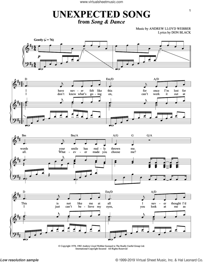 Unexpected Song (from Song and Dance) sheet music for voice and piano by Bernadette Peters, Louise Lerch, Richard Walters, Andrew Lloyd Webber and Don Black, intermediate skill level