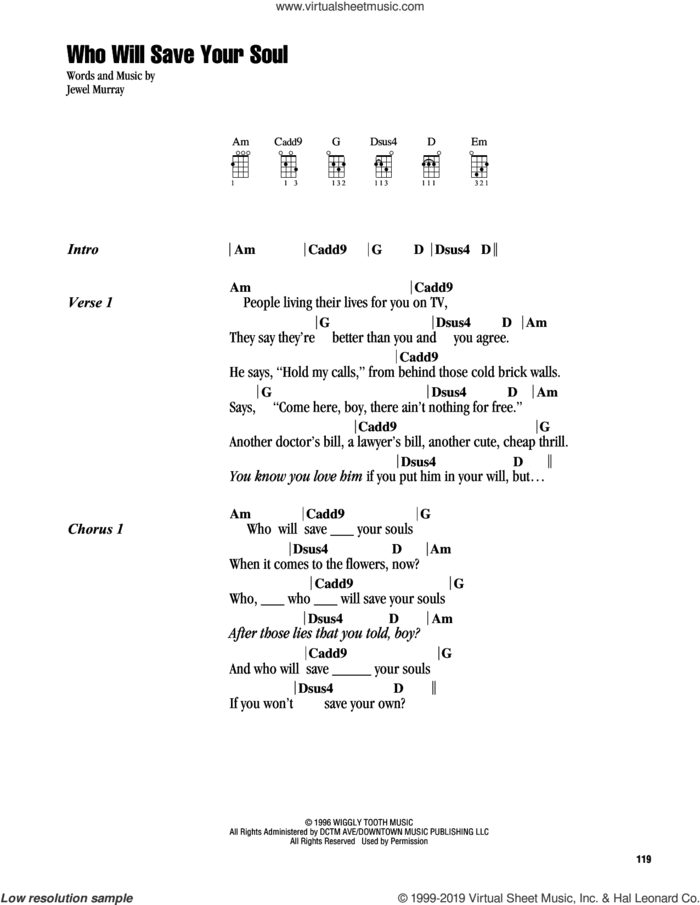 Who Will Save Your Soul sheet music for ukulele (chords) by Jewel and Jewel Murray, intermediate skill level