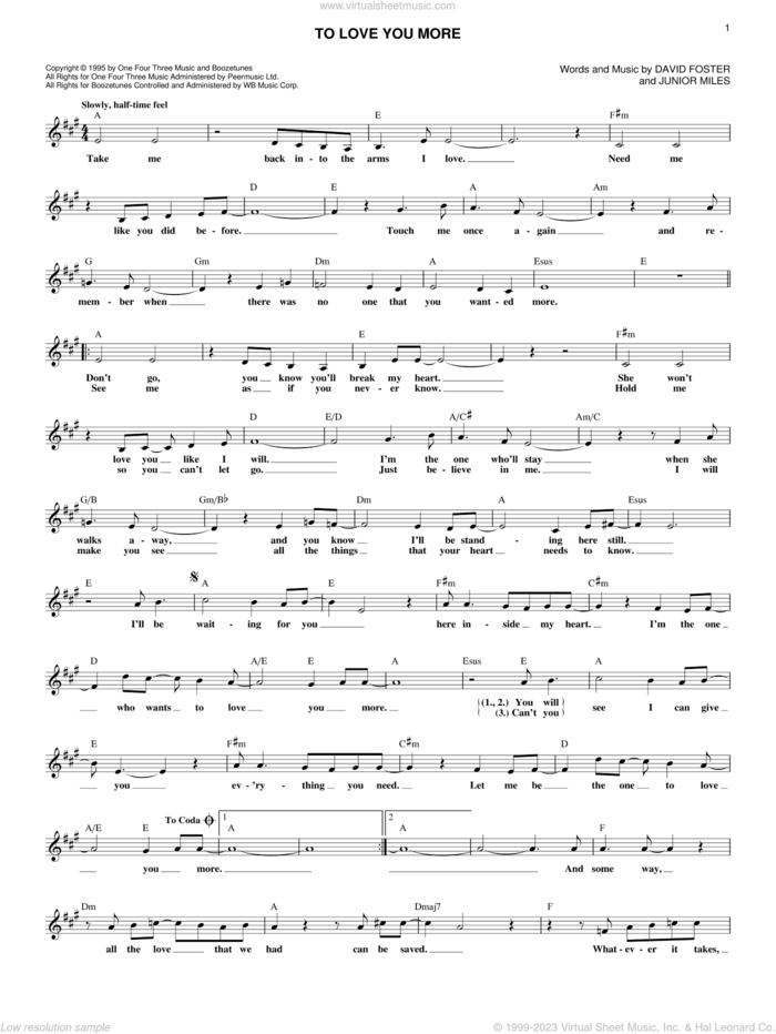 To Love You More sheet music for voice and other instruments (fake book) by Celine Dion, David Foster and Junior Miles, wedding score, intermediate skill level