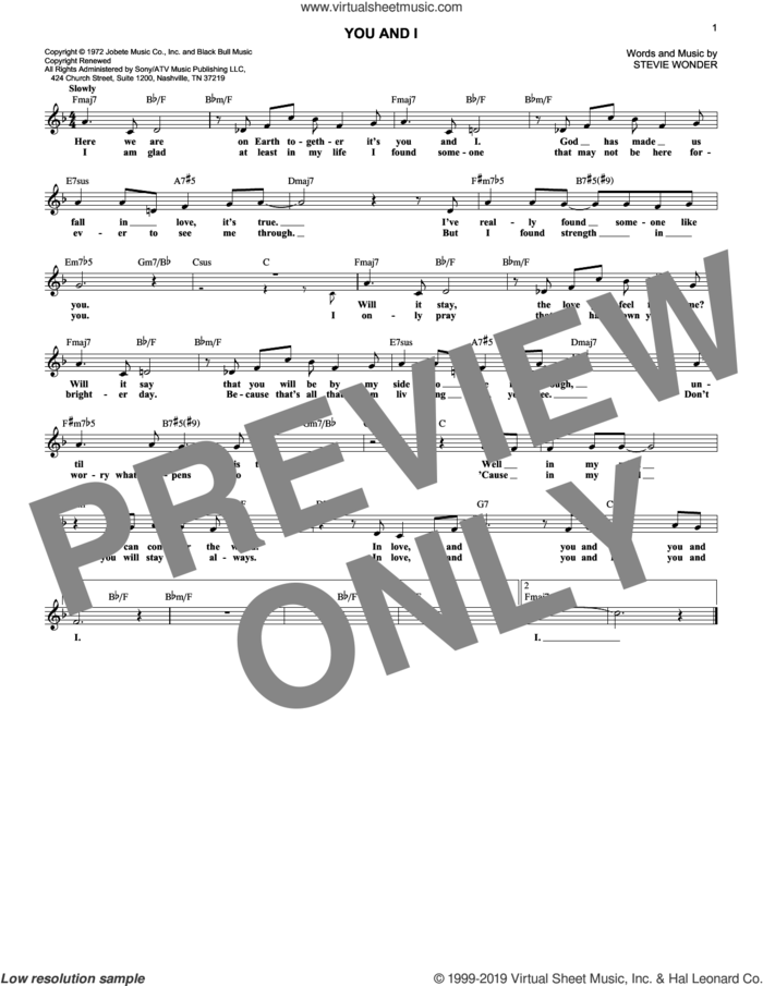 You And I sheet music for voice and other instruments (fake book) by Stevie Wonder, wedding score, intermediate skill level