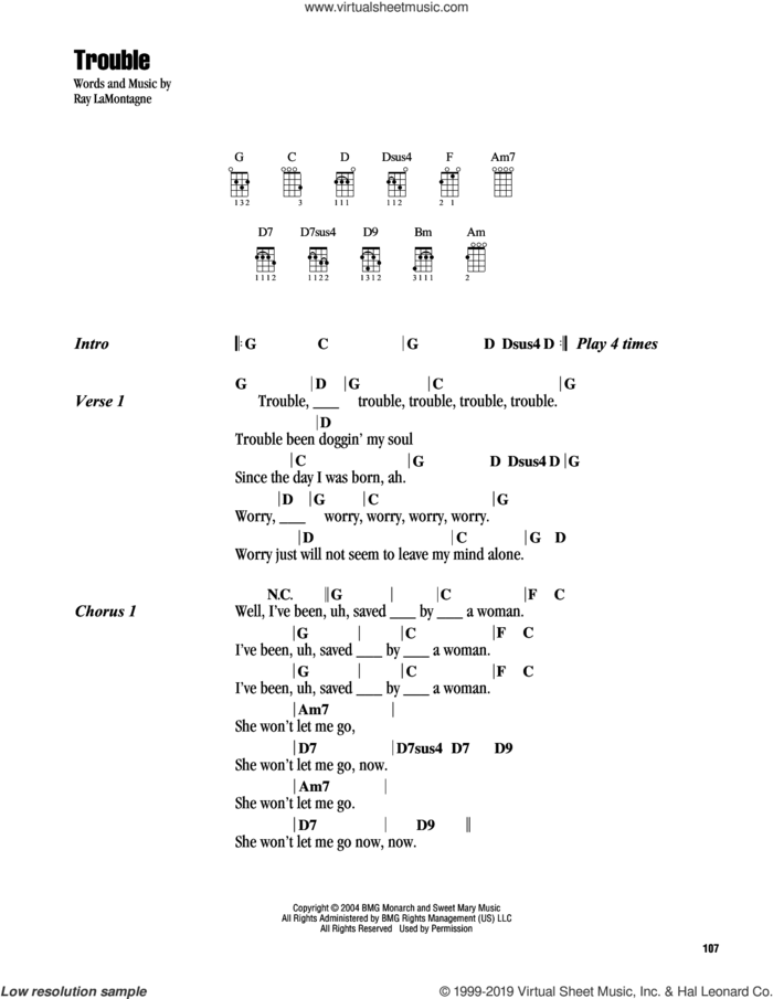 Trouble sheet music for ukulele (chords) by Ray LaMontagne, intermediate skill level