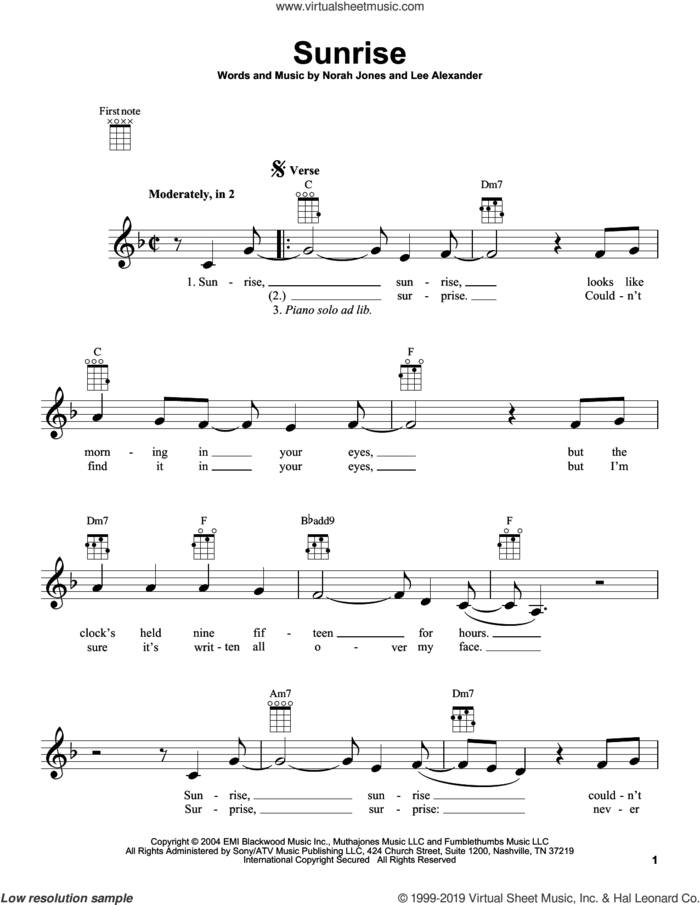 Sunrise sheet music for ukulele by Norah Jones and Lee Alexander, intermediate skill level