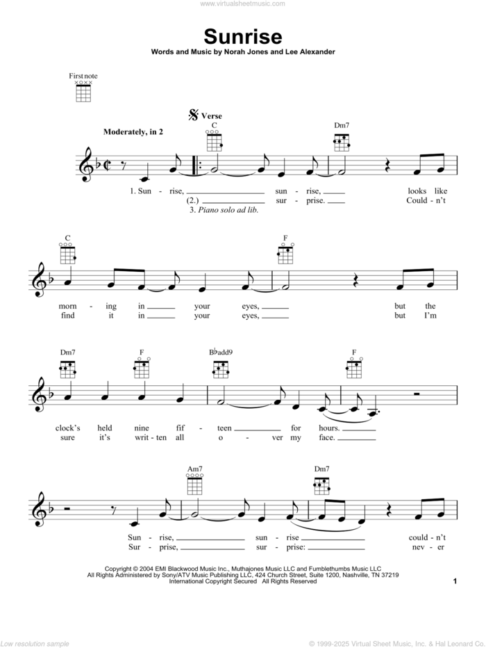 Sunrise sheet music for ukulele by Norah Jones and Lee Alexander, intermediate skill level