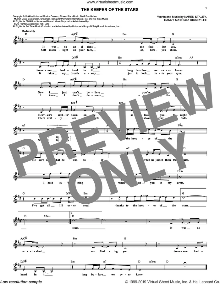 The Keeper Of The Stars sheet music for voice and other instruments (fake book) by Tracy Byrd, Danny Mayo, Dickey Lee and Karen Staley, intermediate skill level
