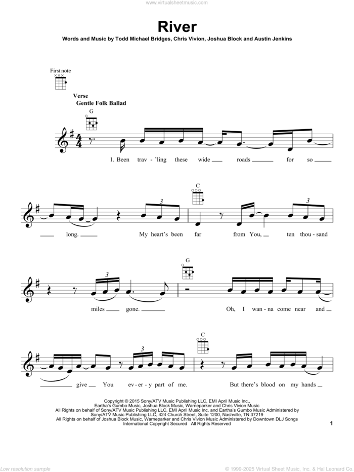 River sheet music for ukulele by Leon Bridges, Austin Jenkins, Christopher Vivion, Joshua Alan Block and Todd Michael Bridges, intermediate skill level