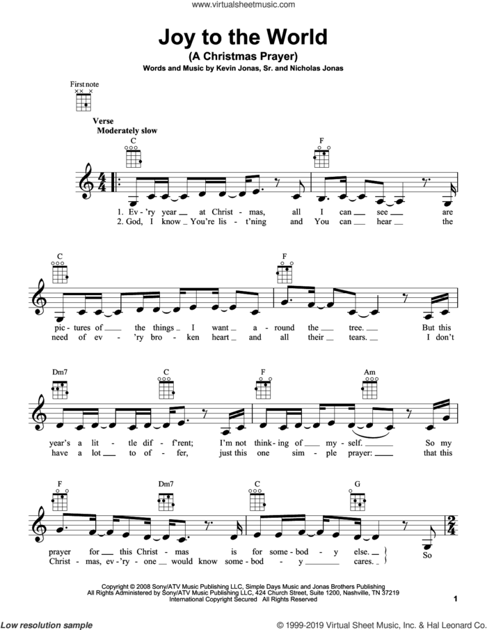 Joy To The World (A Christmas Prayer) sheet music for ukulele by Nick Jonas, Kevin Jonas Sr. and Nicholas Jonas, intermediate skill level