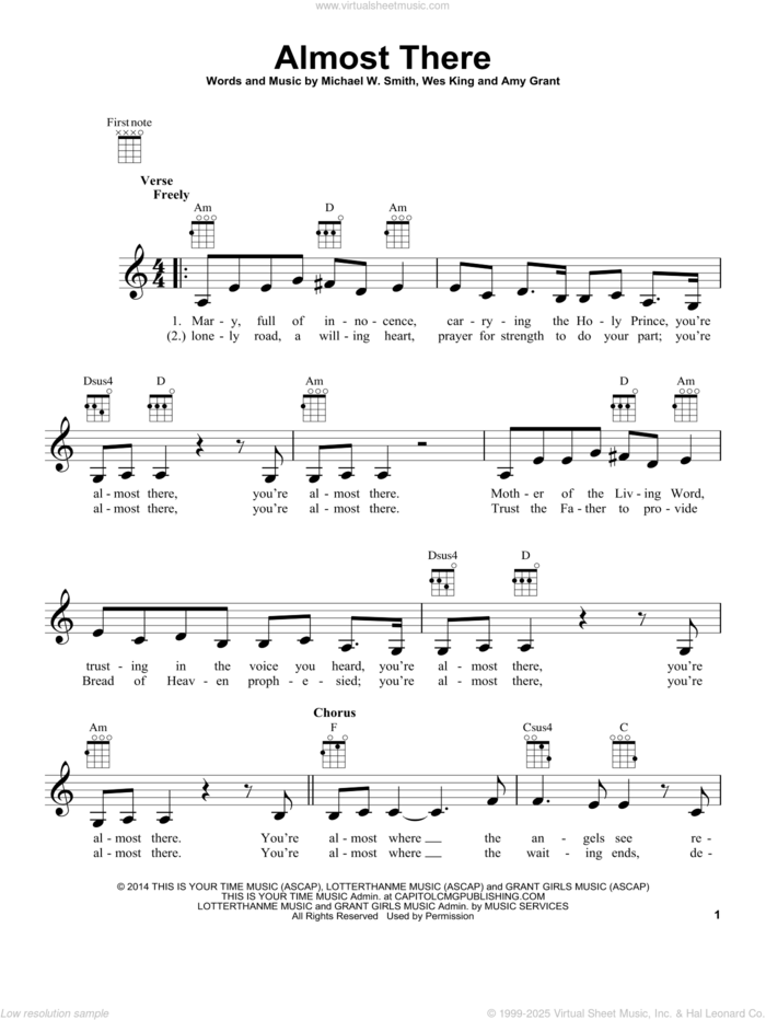 Almost There (feat. Amy Grant) sheet music for ukulele by Michael W. Smith, Amy Grant and Wes King, intermediate skill level