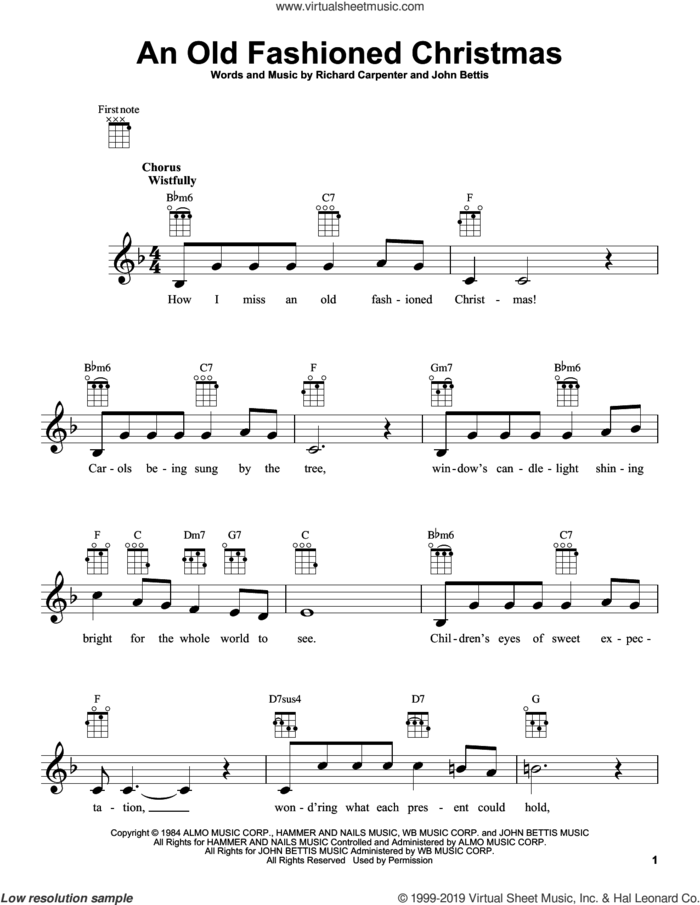 An Old Fashioned Christmas sheet music for ukulele by Carpenters, John Bettis and Richard Carpenter, intermediate skill level