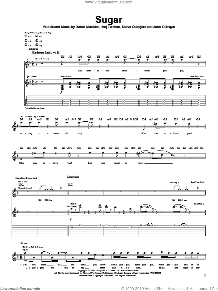 Sugar sheet music for guitar (tablature) by System Of A Down, Daron Malakian, Serj Tankian and Shavo Odadjian, intermediate skill level