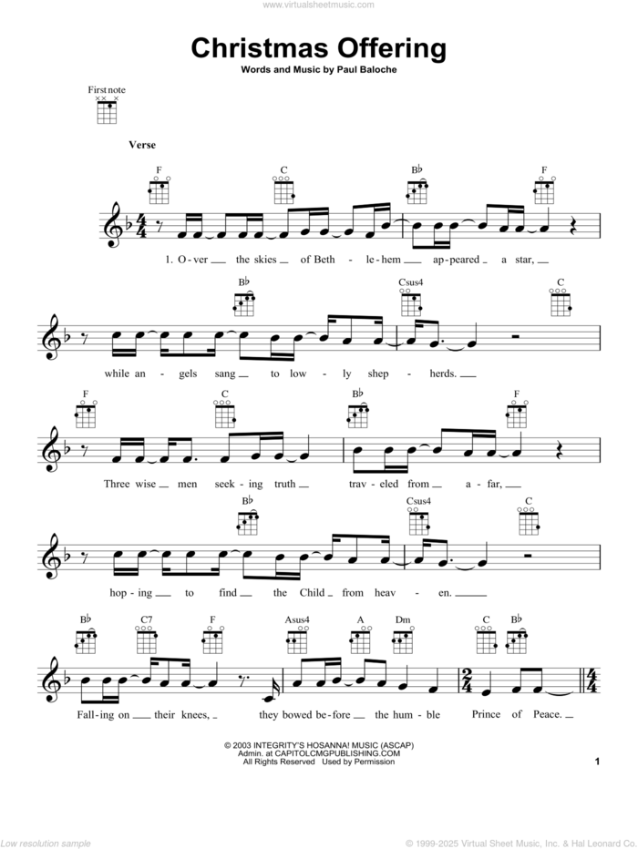 Christmas Offering sheet music for ukulele by Paul Baloche, intermediate skill level