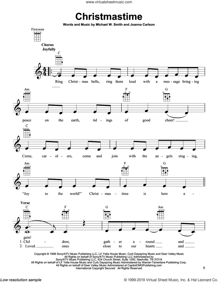 Christmastime sheet music for ukulele by Michael W. Smith and Joanna Carlson, intermediate skill level