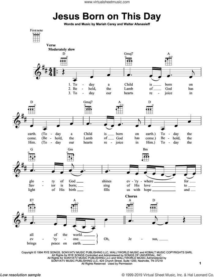 Jesus Born On This Day sheet music for ukulele by Mariah Carey and Walter Afanasieff, intermediate skill level