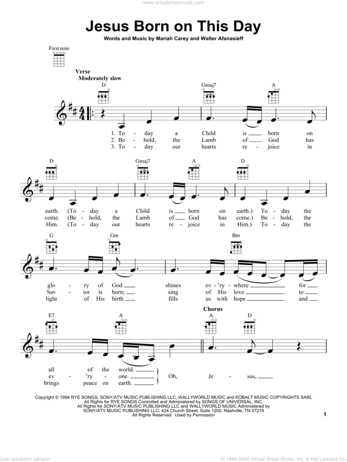 Jesus Born On This Day sheet music for ukulele by Mariah Carey and Walter Afanasieff, intermediate skill level