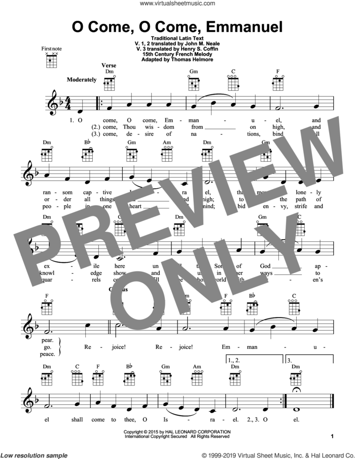 O Come, O Come, Emmanuel sheet music for ukulele by John M. Neale (v. 1,2), 15th Century French Melody, Henry S. Coffin (v. 3,4), Miscellaneous and Thomas Helmore, intermediate skill level