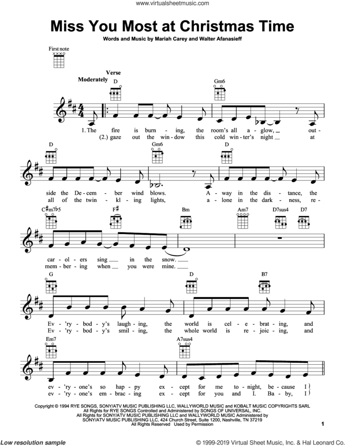 Miss You Most At Christmas Time sheet music for ukulele by Mariah Carey and Walter Afanasieff, intermediate skill level