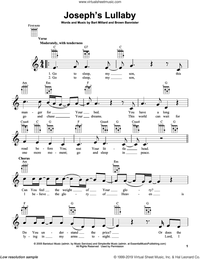 Joseph's Lullaby sheet music for ukulele by MercyMe, Bart Millard and Brown Bannister, intermediate skill level