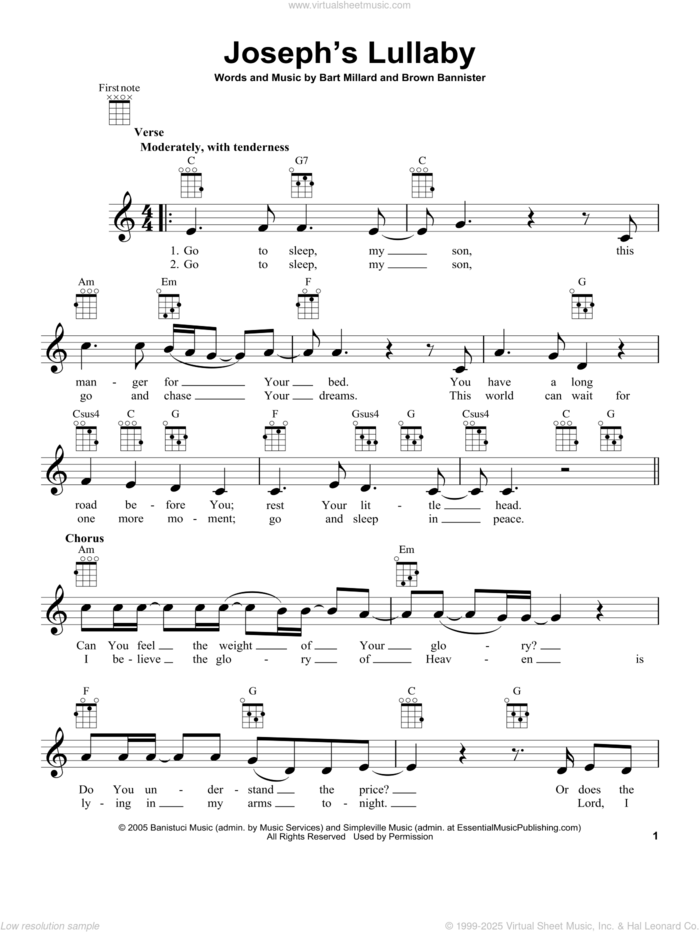 Joseph's Lullaby sheet music for ukulele by MercyMe, Bart Millard and Brown Bannister, intermediate skill level