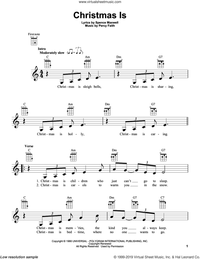 Christmas Is sheet music for ukulele by Percy Faith and Spence Maxwell, intermediate skill level