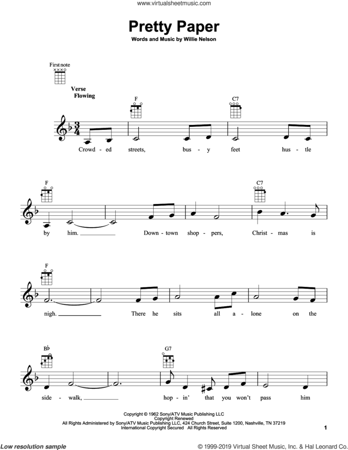 Pretty Paper sheet music for ukulele by Willie Nelson, intermediate skill level