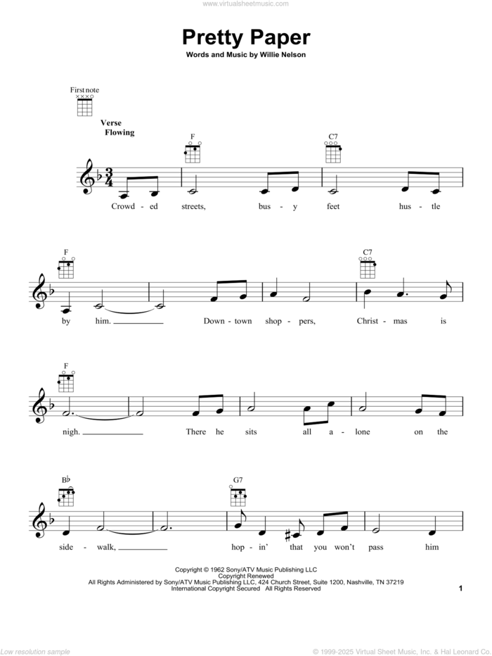 Pretty Paper sheet music for ukulele by Willie Nelson, intermediate skill level