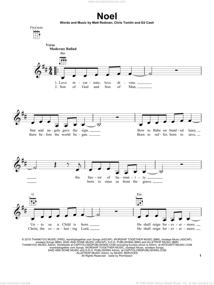 Noel (feat. Lauren Daigle) sheet music for ukulele by Chris Tomlin, Lauren Daigle, Ed Cash and Matt Redman, intermediate skill level