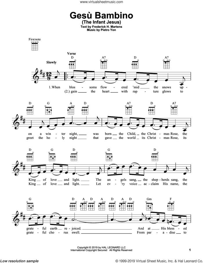Gesu Bambino (The Infant Jesus) sheet music for ukulele by Pietro Yon and Frederick H. Martens, intermediate skill level