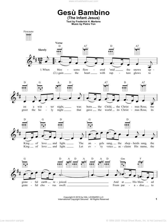 Gesu Bambino (The Infant Jesus) sheet music for ukulele by Pietro Yon and Frederick H. Martens, intermediate skill level