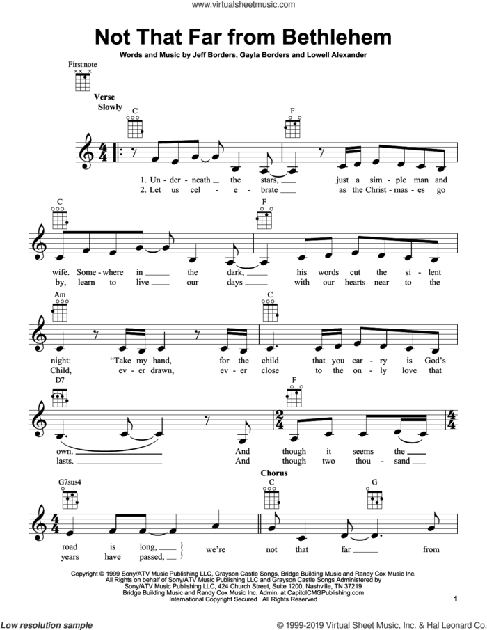 Not That Far From Bethlehem sheet music for ukulele by Point Of Grace, Gayla Borders, Jeff Borders and Lowell Alexander, intermediate skill level