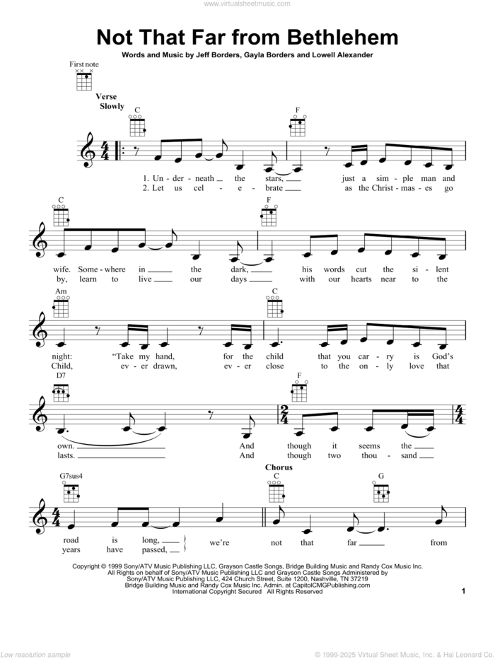 Not That Far From Bethlehem sheet music for ukulele by Point Of Grace, Gayla Borders, Jeff Borders and Lowell Alexander, intermediate skill level