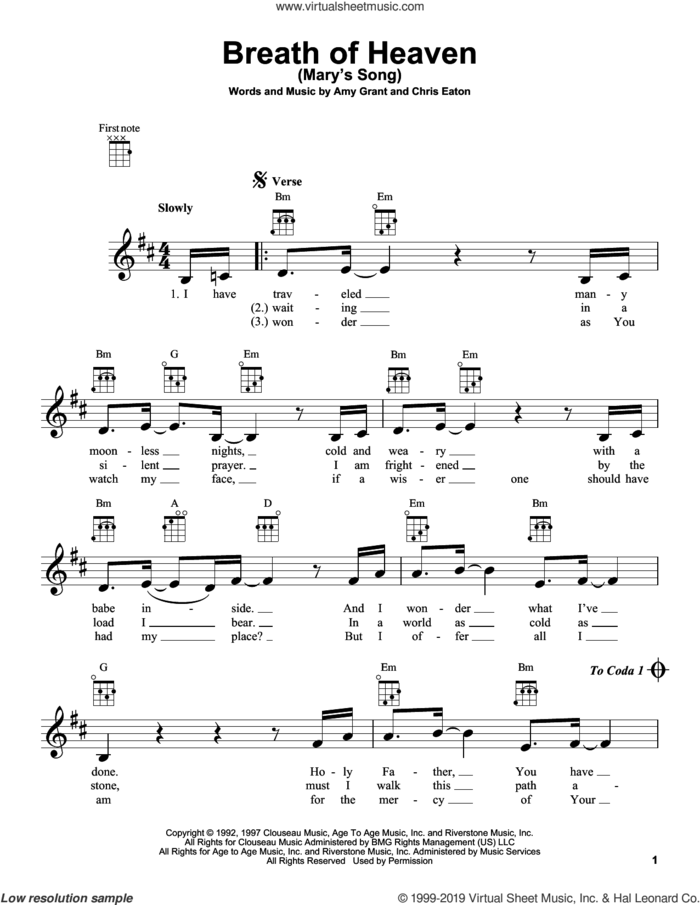 Breath Of Heaven (Mary's Song) sheet music for ukulele by Amy Grant and Chris Eaton, intermediate skill level