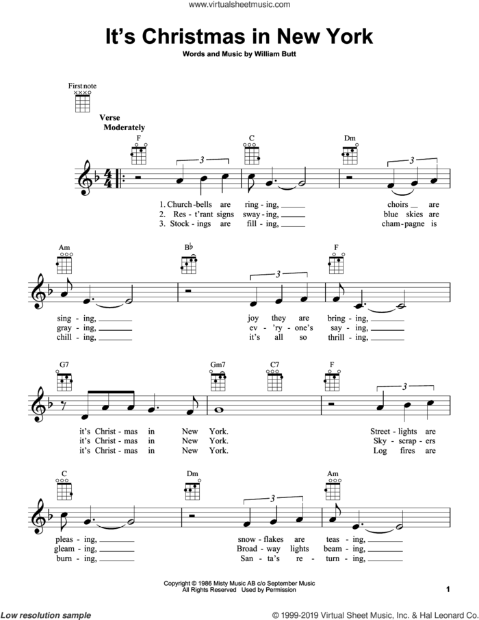 It's Christmas In New York sheet music for ukulele by John Wesley Shipp and William Butt, intermediate skill level