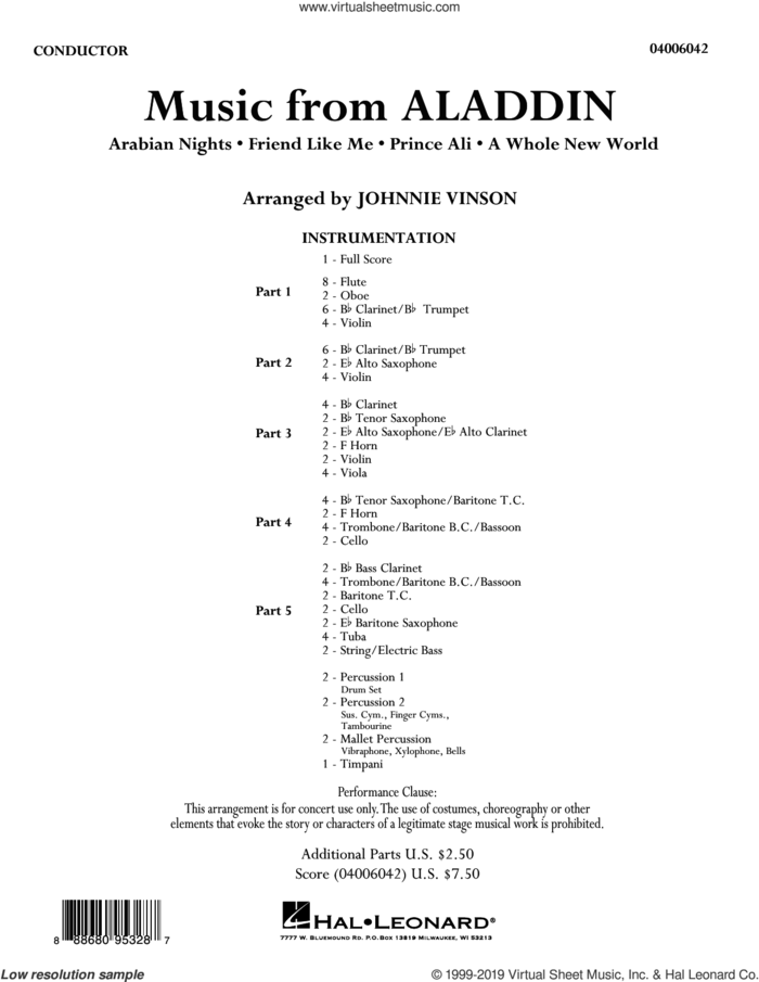 Music from Aladdin (arr. Johnnie Vinson) (COMPLETE) sheet music for concert band by Alan Menken, Howard Ashman, Johnnie Vinson and Tim Rice, intermediate skill level