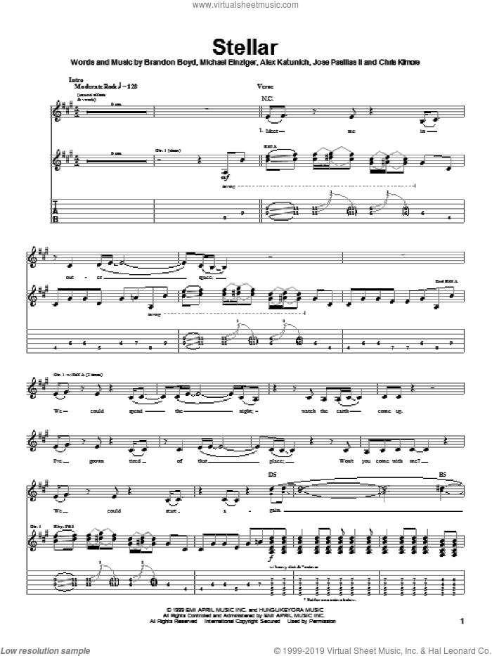 Stellar sheet music for guitar (tablature) by Incubus, Guitar Hero, Alex Katunich, Brandon Boyd and Michael Einziger, intermediate skill level