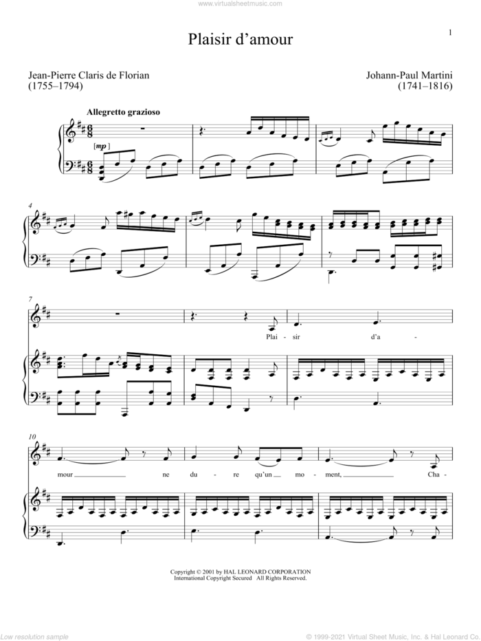 Plaisir D'Amour sheet music for voice and piano by Jean-Paul Martini and Richard Walters, classical score, intermediate skill level