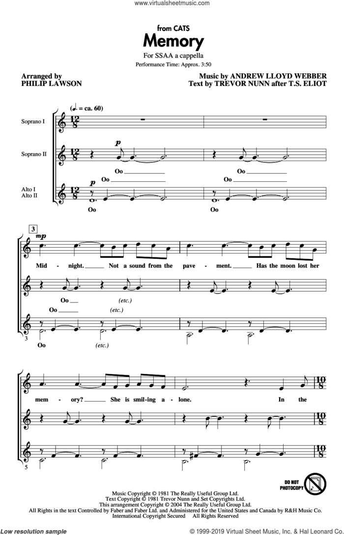 Memory (from Cats) (arr. Philip Lawson) sheet music for choir (SSAA: soprano, alto) by Andrew Lloyd Webber, Philip Lawson and Trevor Nunn, intermediate skill level