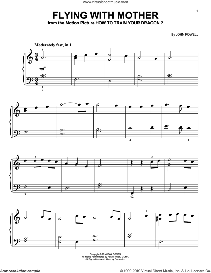 Flying With Mother (from How to Train Your Dragon 2), (easy) sheet music for piano solo by John Powell, easy skill level