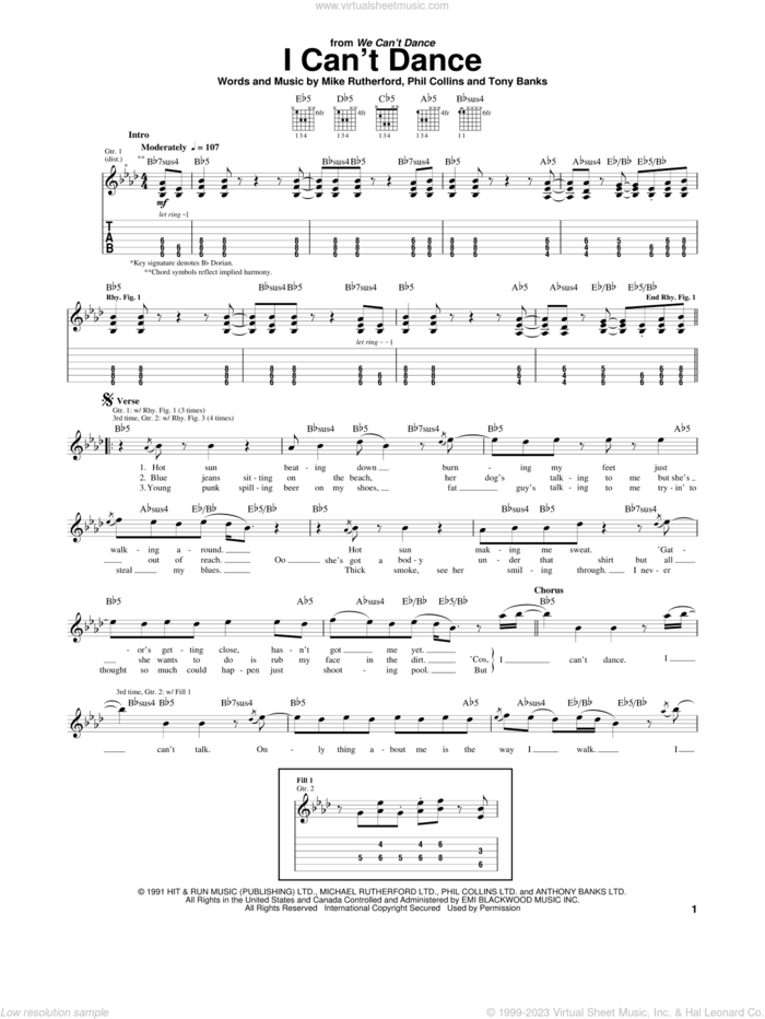 I Can't Dance sheet music for guitar (tablature) by Genesis, Mike Rutherford, Phil Collins and Tony Banks, intermediate skill level