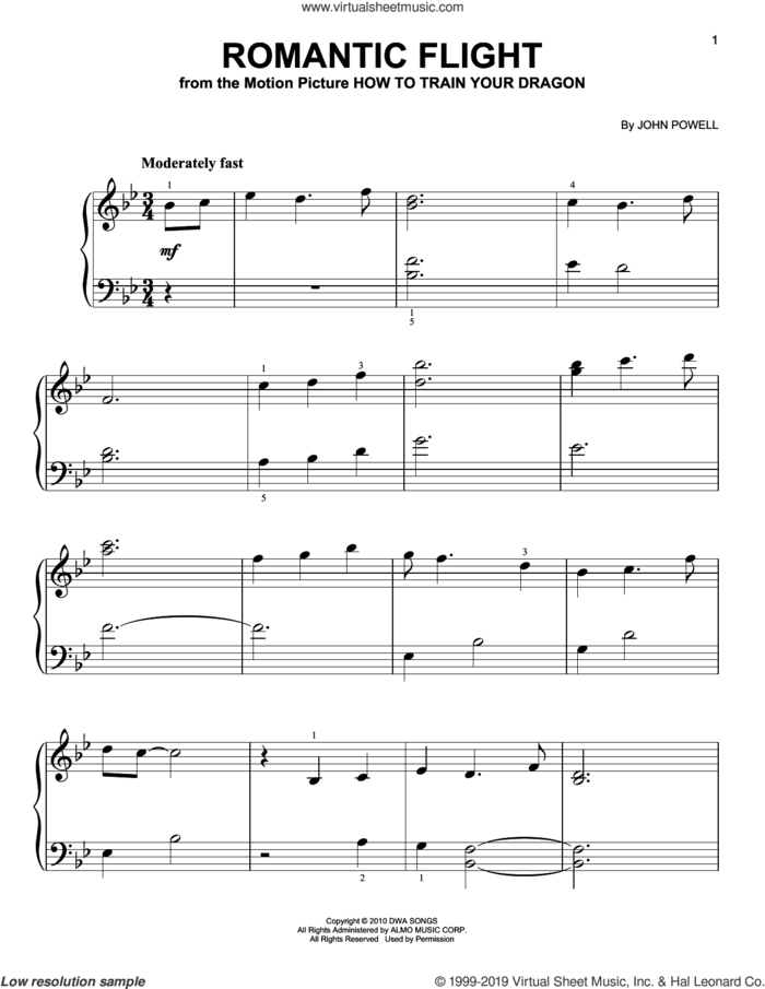 Romantic Flight (from How to Train Your Dragon), (easy) sheet music for piano solo by John Powell, easy skill level